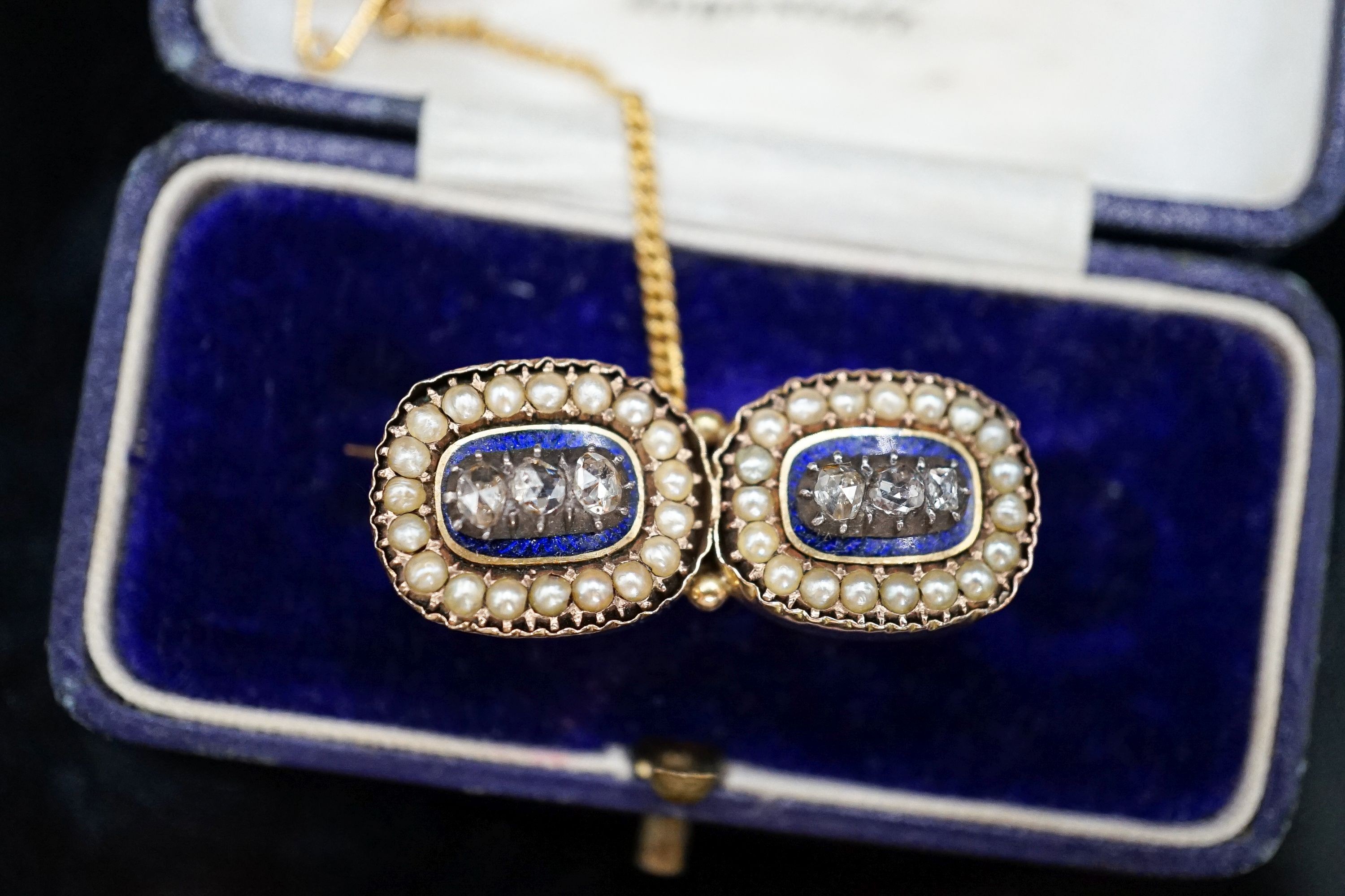 A Regency diamond and pearl set enamelled yellow metal brooch